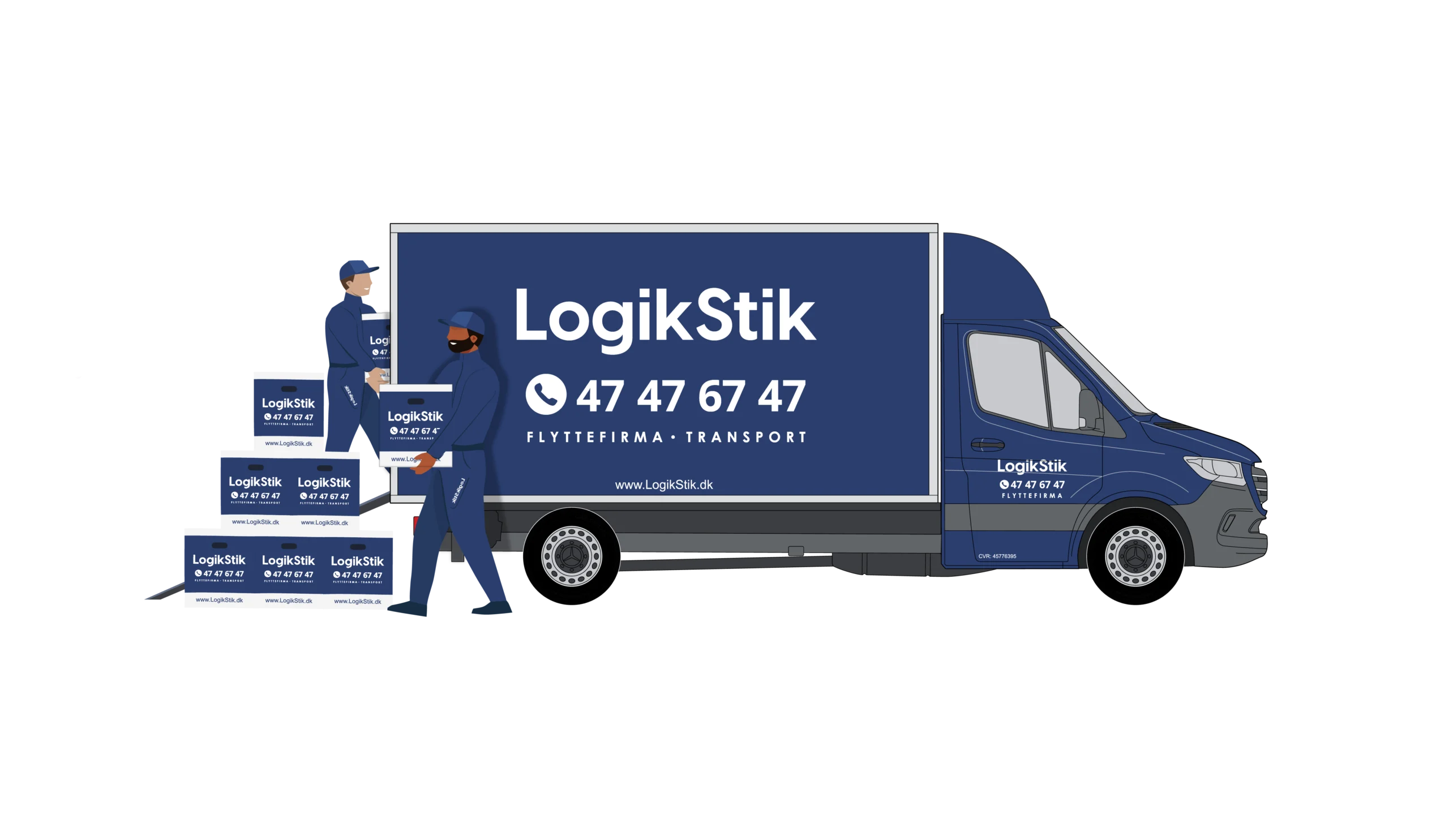 Flyttepakken WEB Nyeste En LogikStik-mærket flyttevogn med to flyttemænd, der læsser kasser ind. Tekst: LogikStik, 47 47 67 47, FLYTTEFIRMA • TRANSPORT, www.LogikStik.dk, FLYTTEFIRMA, CVR: 40776395.
